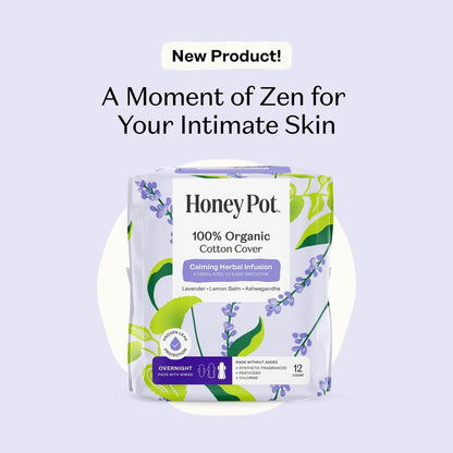 Honey Pot Beruhigende Übernacht-Binden für Frauen – 100% Bio-Baumwoll-Decklage – Damenpflege – Nicht kühlend – Beruhigende Kräuter mit Lavendel, Ashwagandha & Zitronenmelisse – 12 Stück