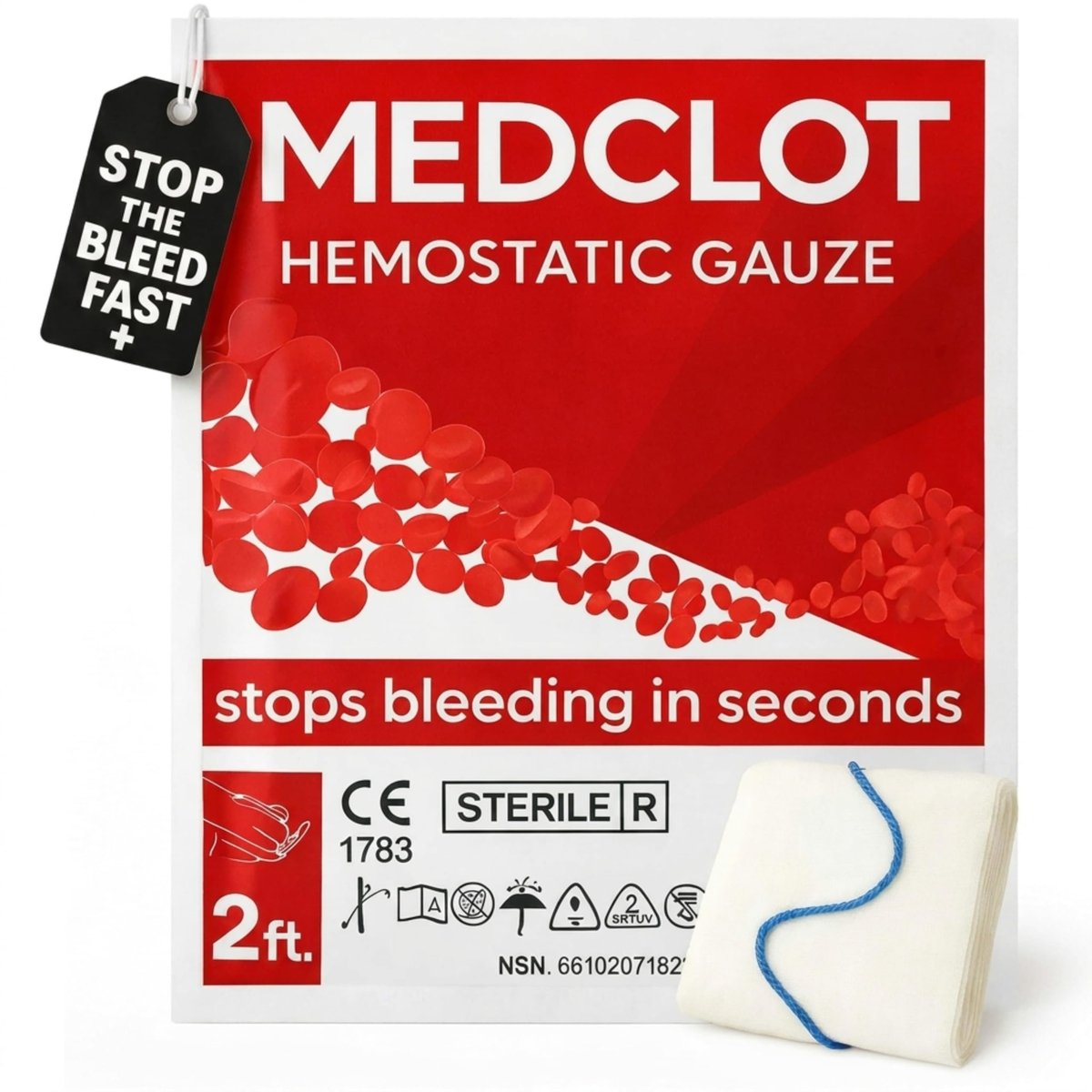 MEDCLOT Hämostatische Gaze – Stoppt Blutungen schnell – Blutstillender Verband mit Kaolin – Wundversorgung & Notfälle – Steriler Kompressverband, 2 Fuß Rolle, haltbar bis 2029