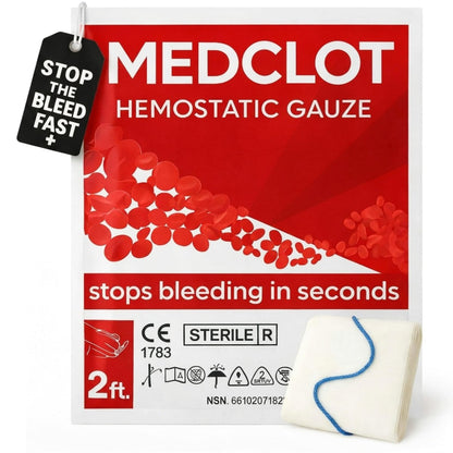 MEDCLOT Hämostatische Gaze – Stoppt Blutungen schnell – Blutstillender Verband mit Kaolin – Wundversorgung & Notfälle – Steriler Kompressverband, 2 Fuß Rolle, haltbar bis 2029