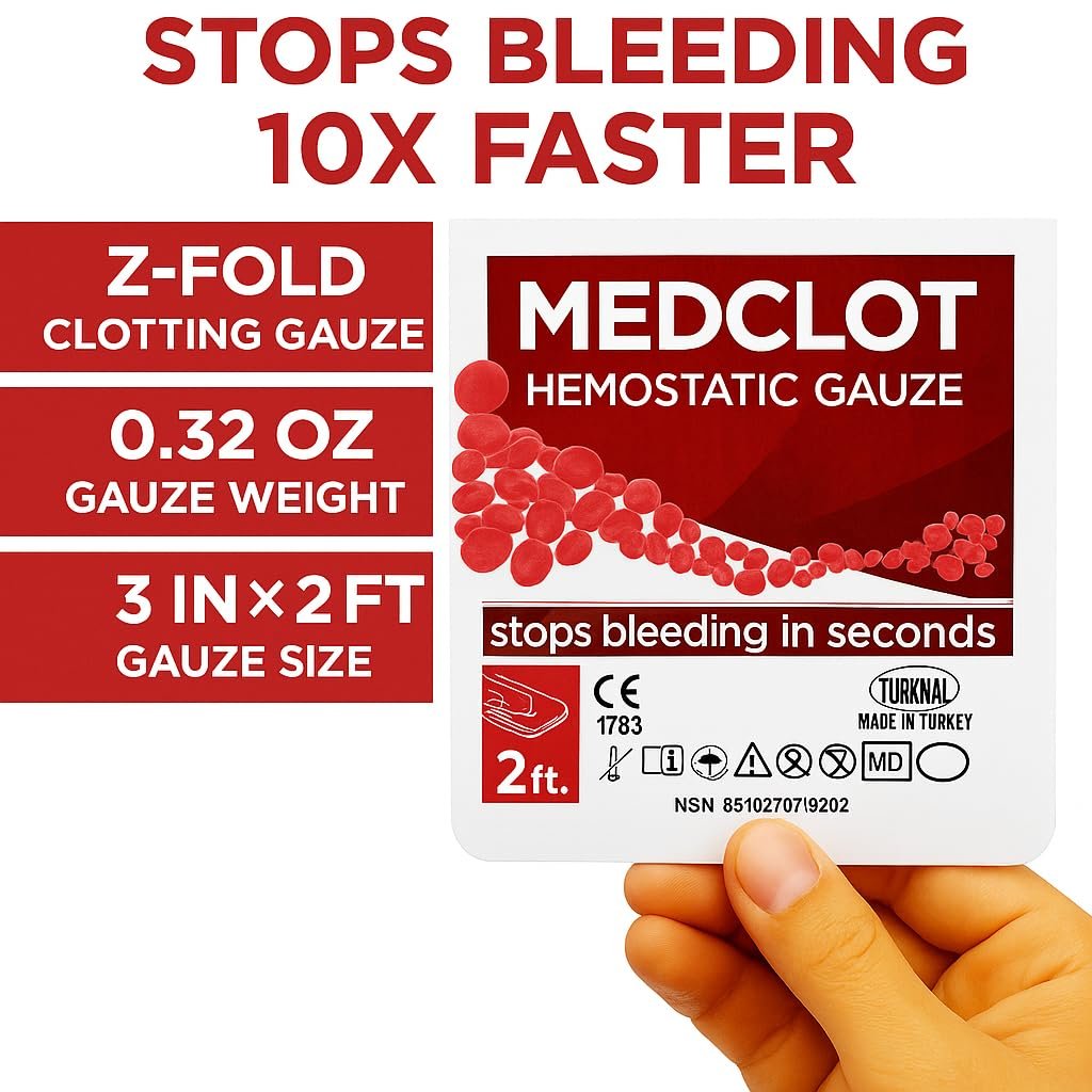MEDCLOT Hämostatische Gaze – Stoppt Blutungen schnell – Blutstillender Verband mit Kaolin – Wundversorgung & Notfälle – Steriler Kompressverband, 2 Fuß Rolle, haltbar bis 2029