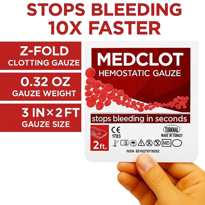 MEDCLOT Hämostatische Gaze – Stoppt Blutungen schnell – Blutstillender Verband mit Kaolin – Wundversorgung & Notfälle – Steriler Kompressverband, 2 Fuß Rolle, haltbar bis 2029
