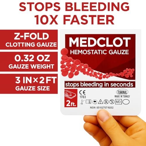 MEDCLOT Hämostatische Gaze – Stoppt Blutungen schnell – Blutstillender Verband mit Kaolin – Wundversorgung & Notfälle – Steriler Kompressverband, 2 Fuß Rolle, haltbar bis 2029