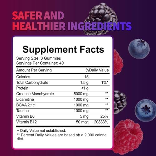 Creatin Monohydrat Gummis für Männer & Frauen – Zuckerfrei, Vegan, mit L-Taurin, Himbeer-Brombeer-Heidelbeer-Geschmack, 120 Stück