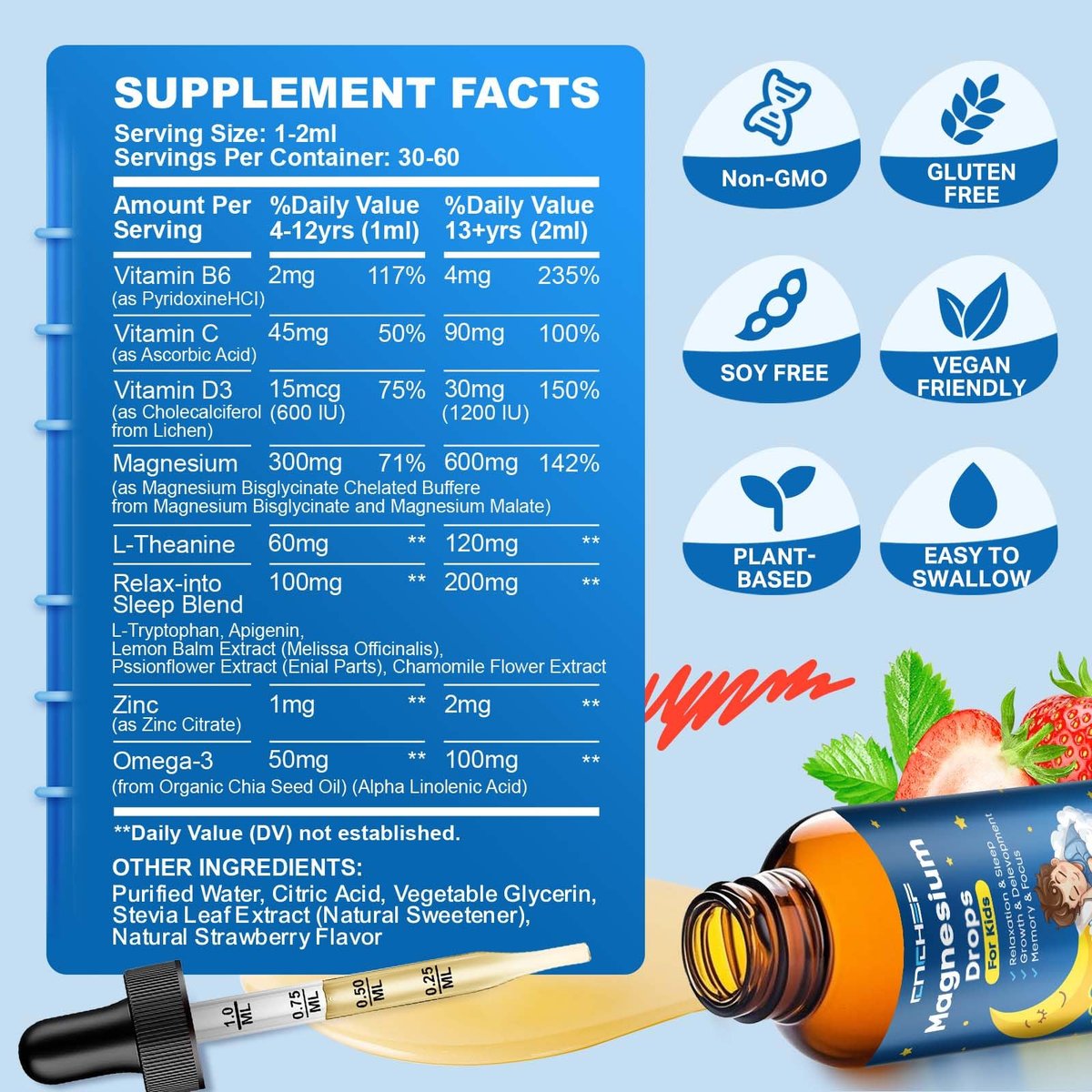 Magnesium Tropfen für Kinder - Magnesiumglycinat flüssig mit Vitamin B6, C, D3, Omega-3, L-Theanin, Zink, Multivitamin - Erdbeergeschmack 60 ml