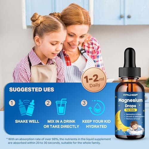 Magnesium Tropfen für Kinder - Magnesiumglycinat flüssig mit Vitamin B6, C, D3, Omega-3, L-Theanin, Zink, Multivitamin - Erdbeergeschmack 60 ml