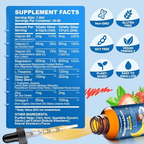 Magnesium Tropfen für Kinder - Magnesiumglycinat flüssig mit Vitamin B6, C, D3, Omega-3, L-Theanin, Zink, Multivitamin - Erdbeergeschmack 60 ml