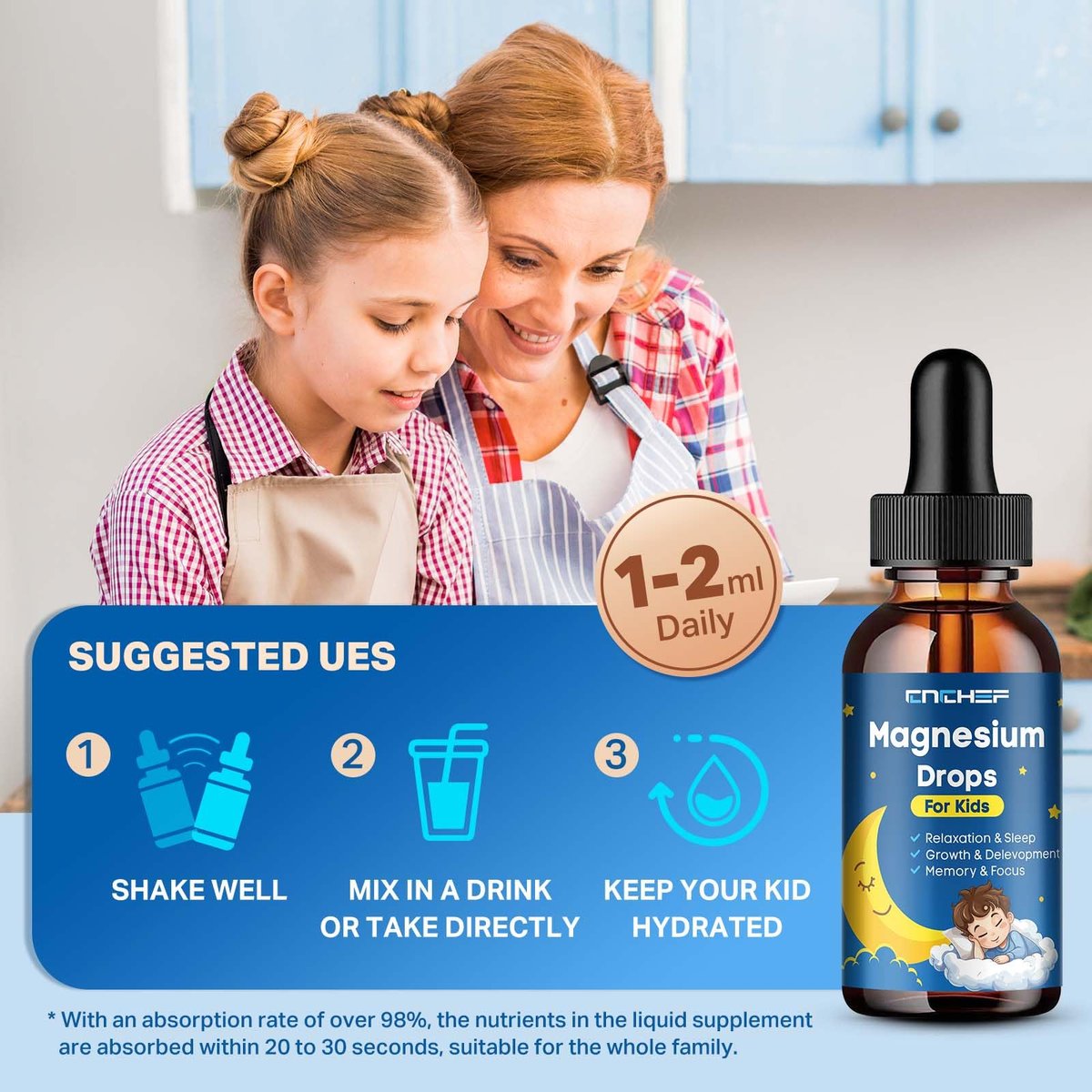Magnesium Tropfen für Kinder - Magnesiumglycinat flüssig mit Vitamin B6, C, D3, Omega-3, L-Theanin, Zink, Multivitamin - Erdbeergeschmack 60 ml
