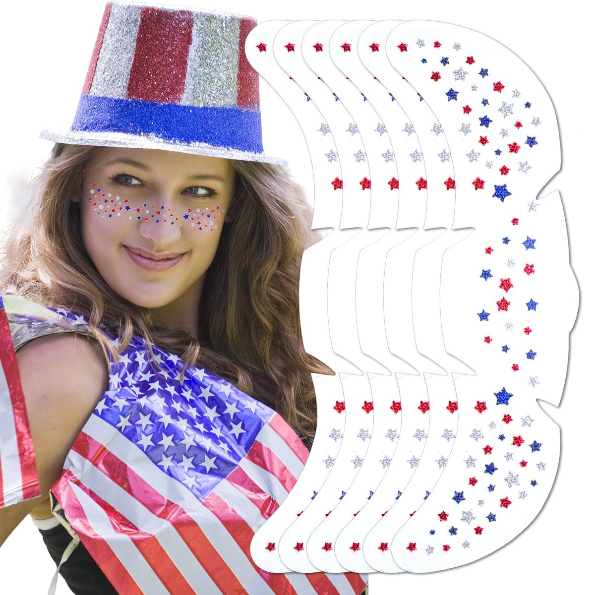 Mysense Rot Weiß Blau Glitzer Sommersprossen Gesichtstattoo, 4. Juli Temporäre Tattoos, Patriotische USA Flagge Stern Sommersprossen für Unabhängigkeitstag, 6 Stück
