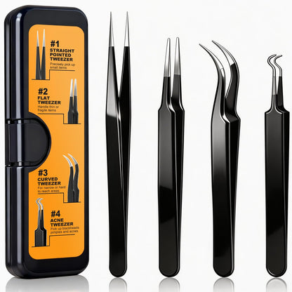 G.CATACC Präzisionspinzetten-Set (4er-Pack) – Gebogene & spitze Pinzetten für Handwerk, Wimpernverlängerung, Mitesser, Gesichtshaare, eingewachsene Haare, Elektronik, Löten, Schmuck – mit Aufbewahrungsetui