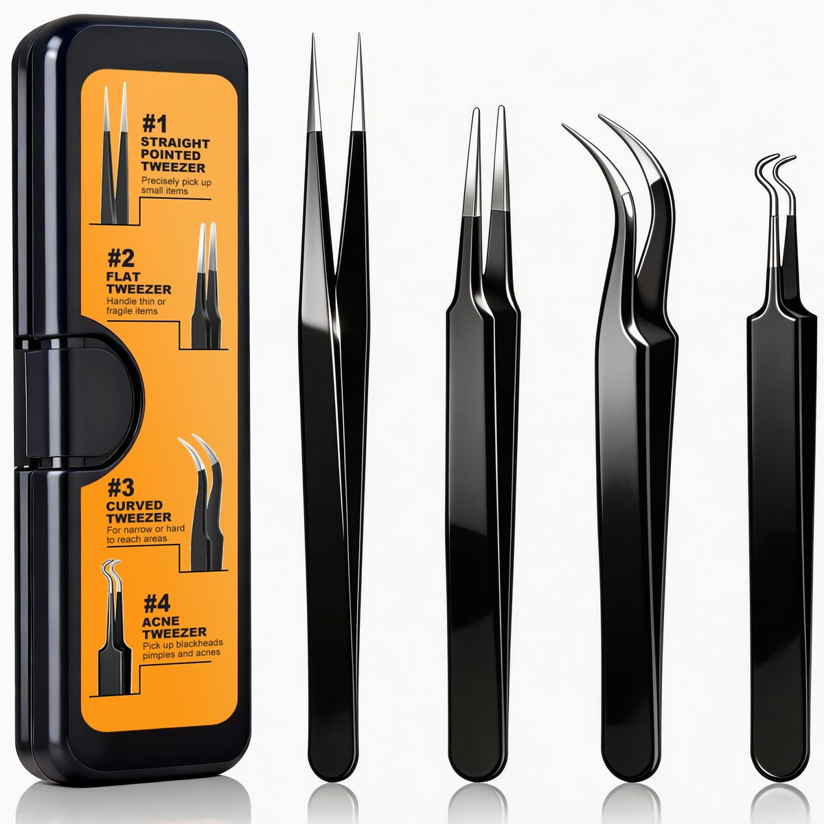 G.CATACC Präzisionspinzetten-Set (4er-Pack) – Gebogene & spitze Pinzetten für Handwerk, Wimpernverlängerung, Mitesser, Gesichtshaare, eingewachsene Haare, Elektronik, Löten, Schmuck – mit Aufbewahrungsetui