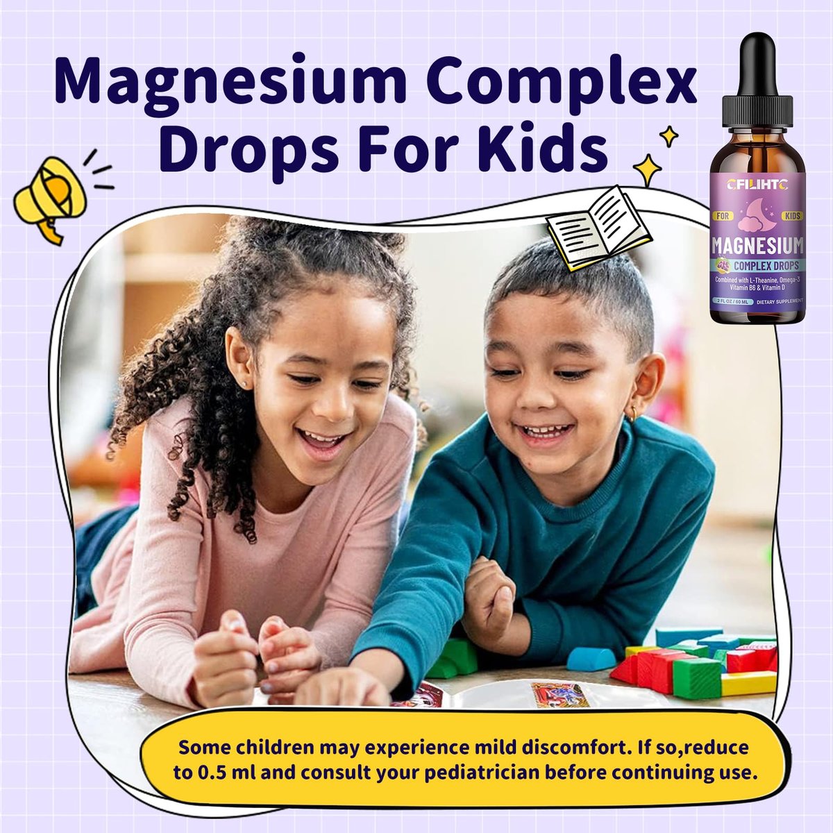 Kids Magnesium Liquid Drops – Magnesium Glycinat für Kinder mit L-Theanin, Omega-3, Vitamin B6, D3 – für Schlaf, Entspannung, Gehirn, Knochen – Traubengeschmack, 59 ml