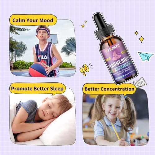 Kids Magnesium Liquid Drops – Magnesium Glycinat für Kinder mit L-Theanin, Omega-3, Vitamin B6, D3 – für Schlaf, Entspannung, Gehirn, Knochen – Traubengeschmack, 59 ml