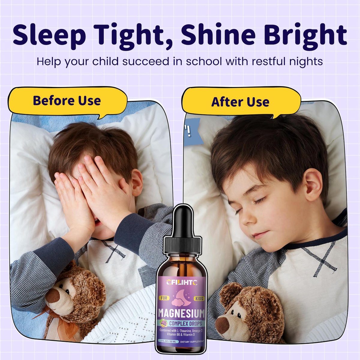 Kids Magnesium Liquid Drops – Magnesium Glycinat für Kinder mit L-Theanin, Omega-3, Vitamin B6, D3 – für Schlaf, Entspannung, Gehirn, Knochen – Traubengeschmack, 59 ml