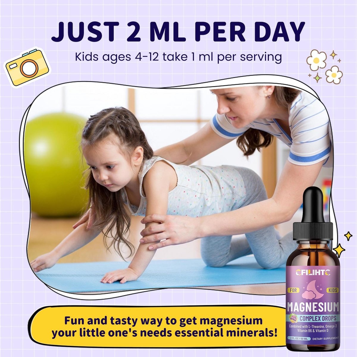 Kids Magnesium Liquid Drops – Magnesium Glycinat für Kinder mit L-Theanin, Omega-3, Vitamin B6, D3 – für Schlaf, Entspannung, Gehirn, Knochen – Traubengeschmack, 59 ml