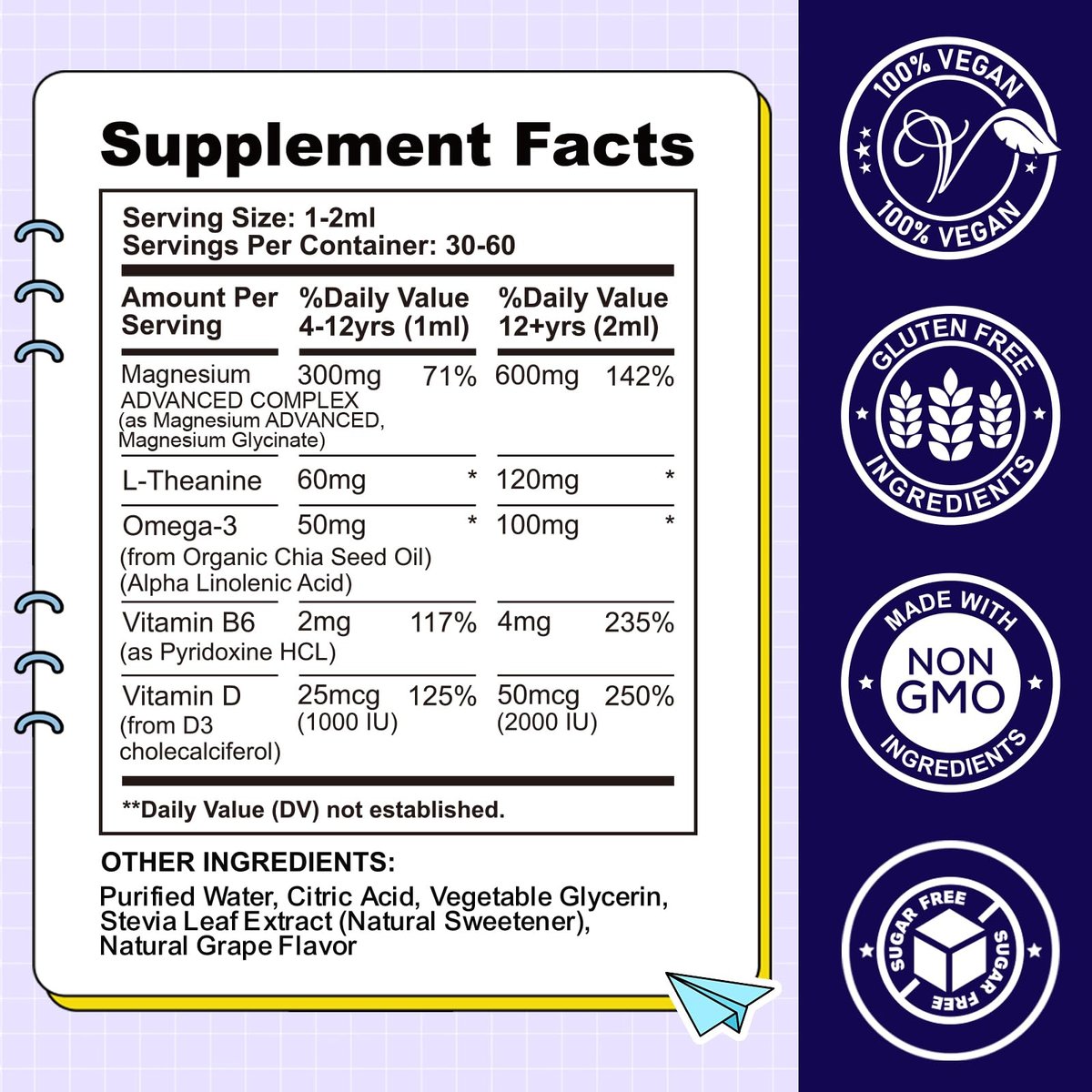 Kids Magnesium Liquid Drops – Magnesium Glycinat für Kinder mit L-Theanin, Omega-3, Vitamin B6, D3 – für Schlaf, Entspannung, Gehirn, Knochen – Traubengeschmack, 59 ml