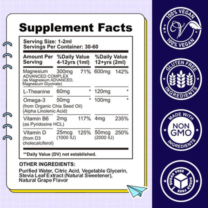 Kids Magnesium Liquid Drops – Magnesium Glycinat für Kinder mit L-Theanin, Omega-3, Vitamin B6, D3 – für Schlaf, Entspannung, Gehirn, Knochen – Traubengeschmack, 59 ml
