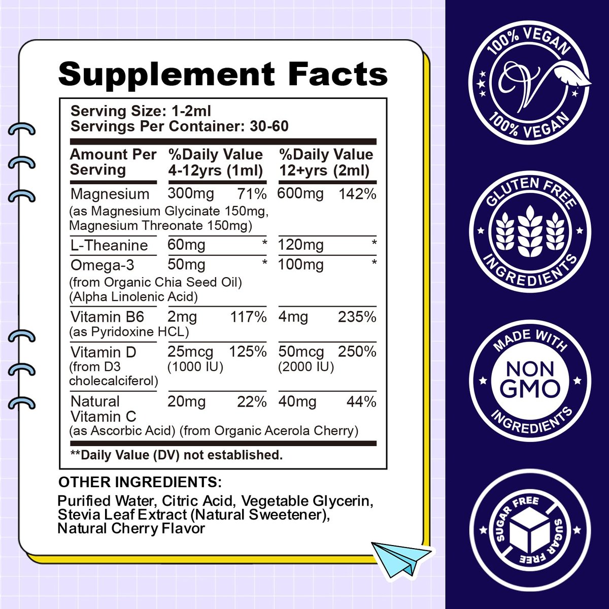 CFILIHTC Kids Magnesium Liquid Drops – Magnesiumglycinat für Kinder mit L-Theanin, Omega-3, Vitamin B6, D3 – für Schlaf, Entspannung, Gehirn, Knochen – Kirschgeschmack, 60 ml