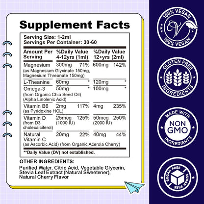 CFILIHTC Kids Magnesium Liquid Drops – Magnesiumglycinat für Kinder mit L-Theanin, Omega-3, Vitamin B6, D3 – für Schlaf, Entspannung, Gehirn, Knochen – Kirschgeschmack, 60 ml