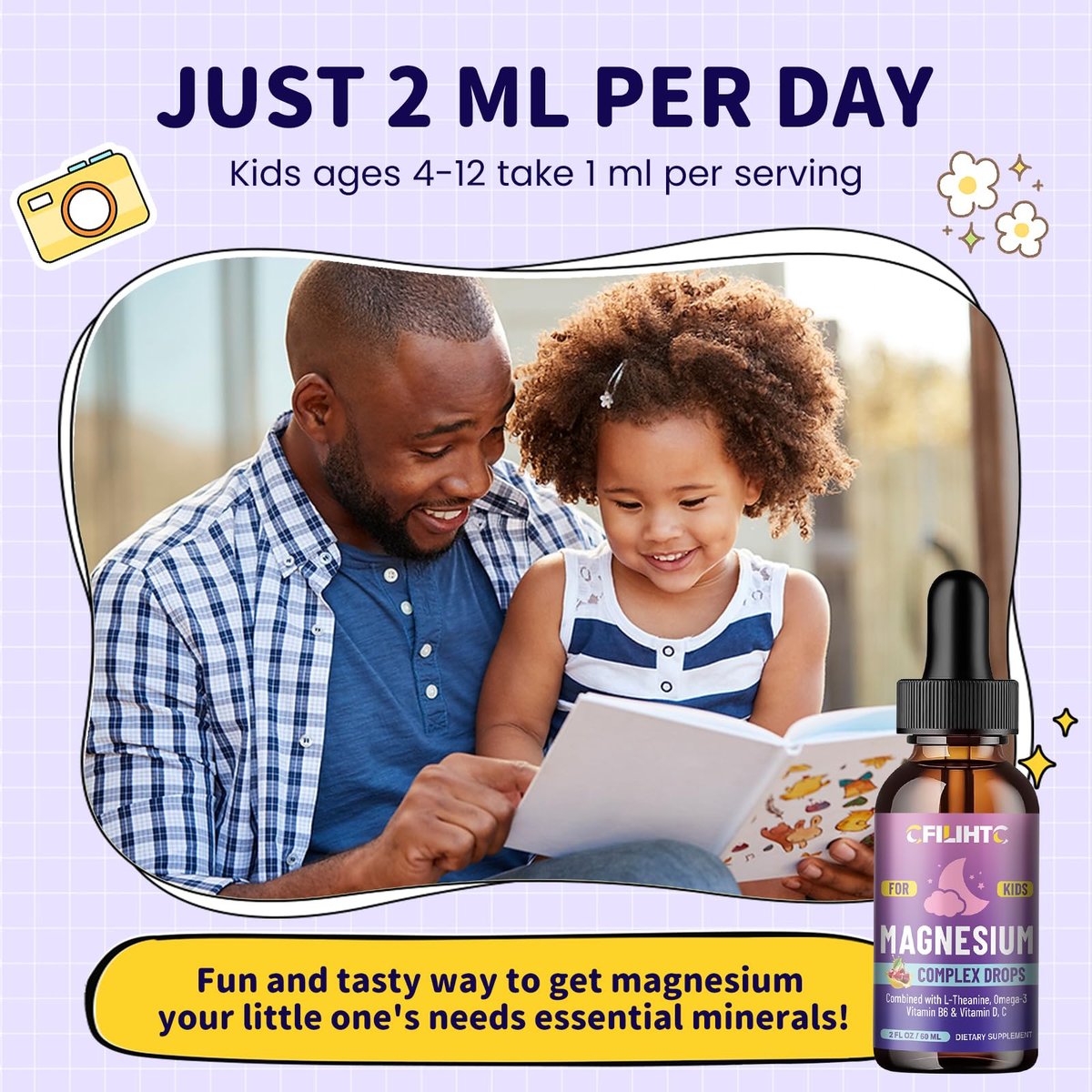 CFILIHTC Kids Magnesium Liquid Drops – Magnesiumglycinat für Kinder mit L-Theanin, Omega-3, Vitamin B6, D3 – für Schlaf, Entspannung, Gehirn, Knochen – Kirschgeschmack, 60 ml
