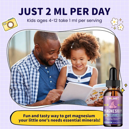 CFILIHTC Kids Magnesium Liquid Drops – Magnesiumglycinat für Kinder mit L-Theanin, Omega-3, Vitamin B6, D3 – für Schlaf, Entspannung, Gehirn, Knochen – Kirschgeschmack, 60 ml