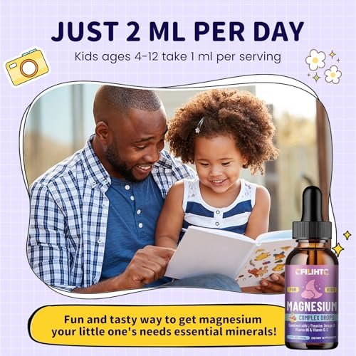 CFILIHTC Kids Magnesium Liquid Drops – Magnesiumglycinat für Kinder mit L-Theanin, Omega-3, Vitamin B6, D3 – für Schlaf, Entspannung, Gehirn, Knochen – Kirschgeschmack, 60 ml