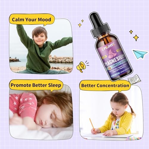 CFILIHTC Kids Magnesium Liquid Drops – Magnesiumglycinat für Kinder mit L-Theanin, Omega-3, Vitamin B6, D3 – für Schlaf, Entspannung, Gehirn, Knochen – Kirschgeschmack, 60 ml