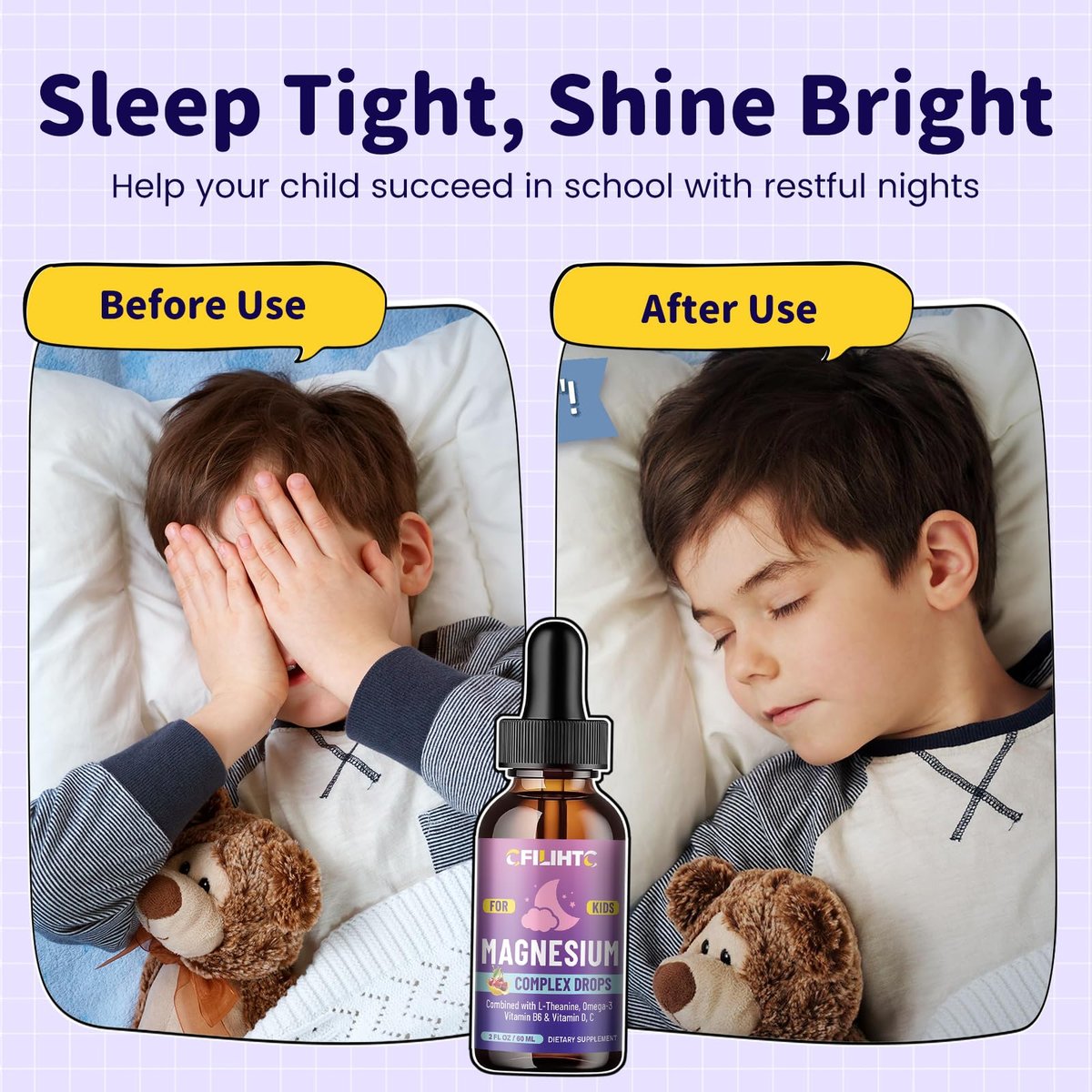 CFILIHTC Kids Magnesium Liquid Drops – Magnesiumglycinat für Kinder mit L-Theanin, Omega-3, Vitamin B6, D3 – für Schlaf, Entspannung, Gehirn, Knochen – Kirschgeschmack, 60 ml