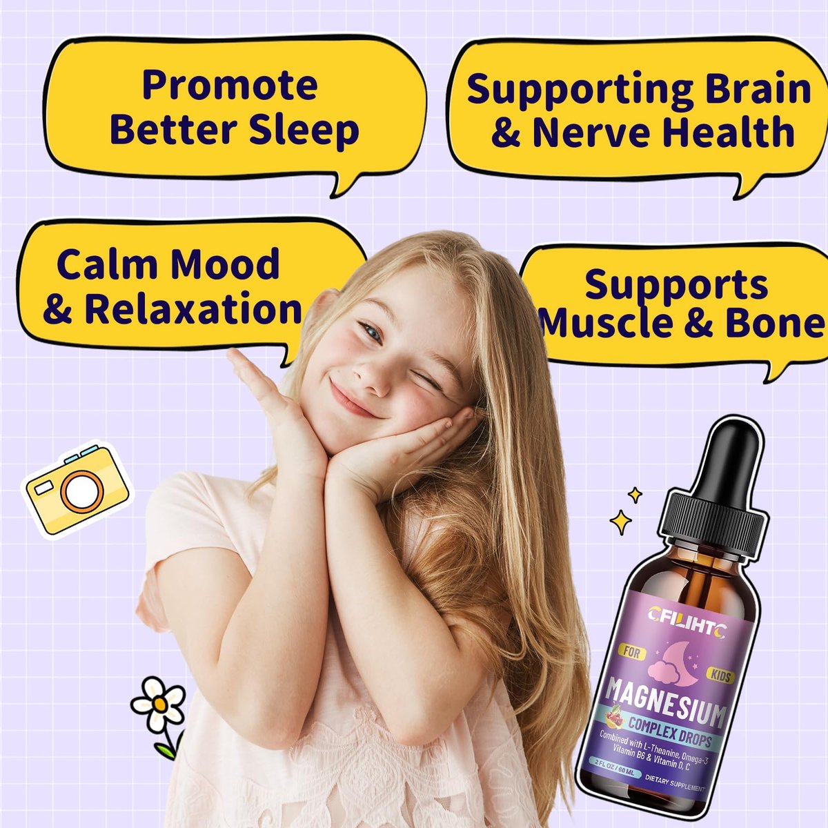 CFILIHTC Kids Magnesium Liquid Drops – Magnesiumglycinat für Kinder mit L-Theanin, Omega-3, Vitamin B6, D3 – für Schlaf, Entspannung, Gehirn, Knochen – Kirschgeschmack, 60 ml