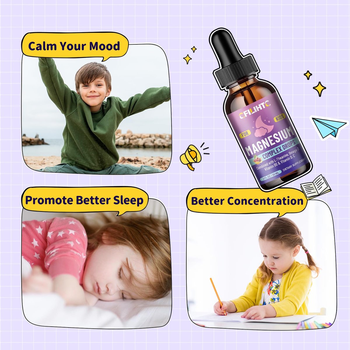 CFILIHTC Kids Magnesium Liquid Drops – Magnesiumglycinat für Kinder mit L-Theanin, Omega-3, Vitamin B6, D3 – für Schlaf, Entspannung, Gehirn, Knochen – Kirschgeschmack, 60 ml