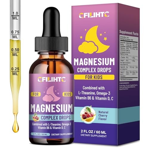 CFILIHTC Kids Magnesium Liquid Drops – Magnesiumglycinat für Kinder mit L-Theanin, Omega-3, Vitamin B6, D3 – für Schlaf, Entspannung, Gehirn, Knochen – Kirschgeschmack, 60 ml