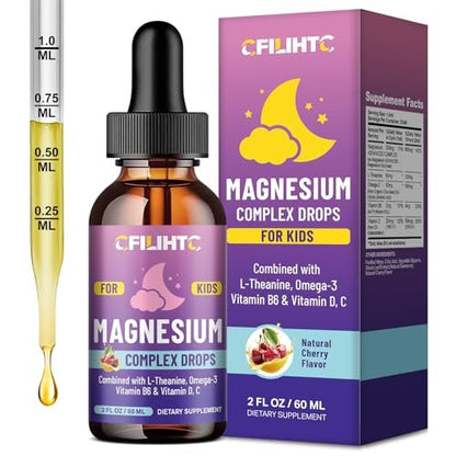 CFILIHTC Kids Magnesium Liquid Drops – Magnesiumglycinat für Kinder mit L-Theanin, Omega-3, Vitamin B6, D3 – für Schlaf, Entspannung, Gehirn, Knochen – Kirschgeschmack, 60 ml