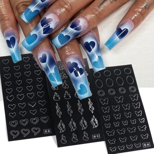24 Blätter Airbrush-Schablonen Nagelaufkleber – Herz, Blume, Schmetterling, Mond, Sterne, Hohle französische Kunst-Schablonen für Nageldesign, DIY-Maniküre-Werkzeug (Schwarz)