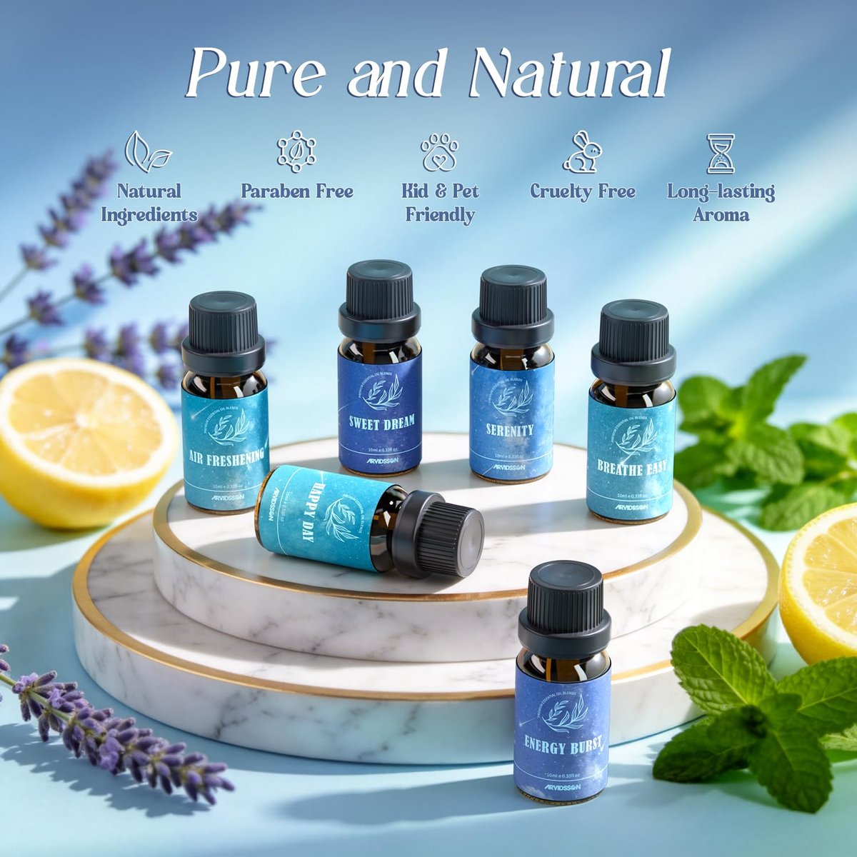 ARVIDSSON Ätherische Öle Set – Wohlfühl-Mischungen für Diffuser & Kerzenherstellung – Happy, Sweet Dreams, Serenity, Breathe, Energy, Air Freshening – 6 x 10 ml