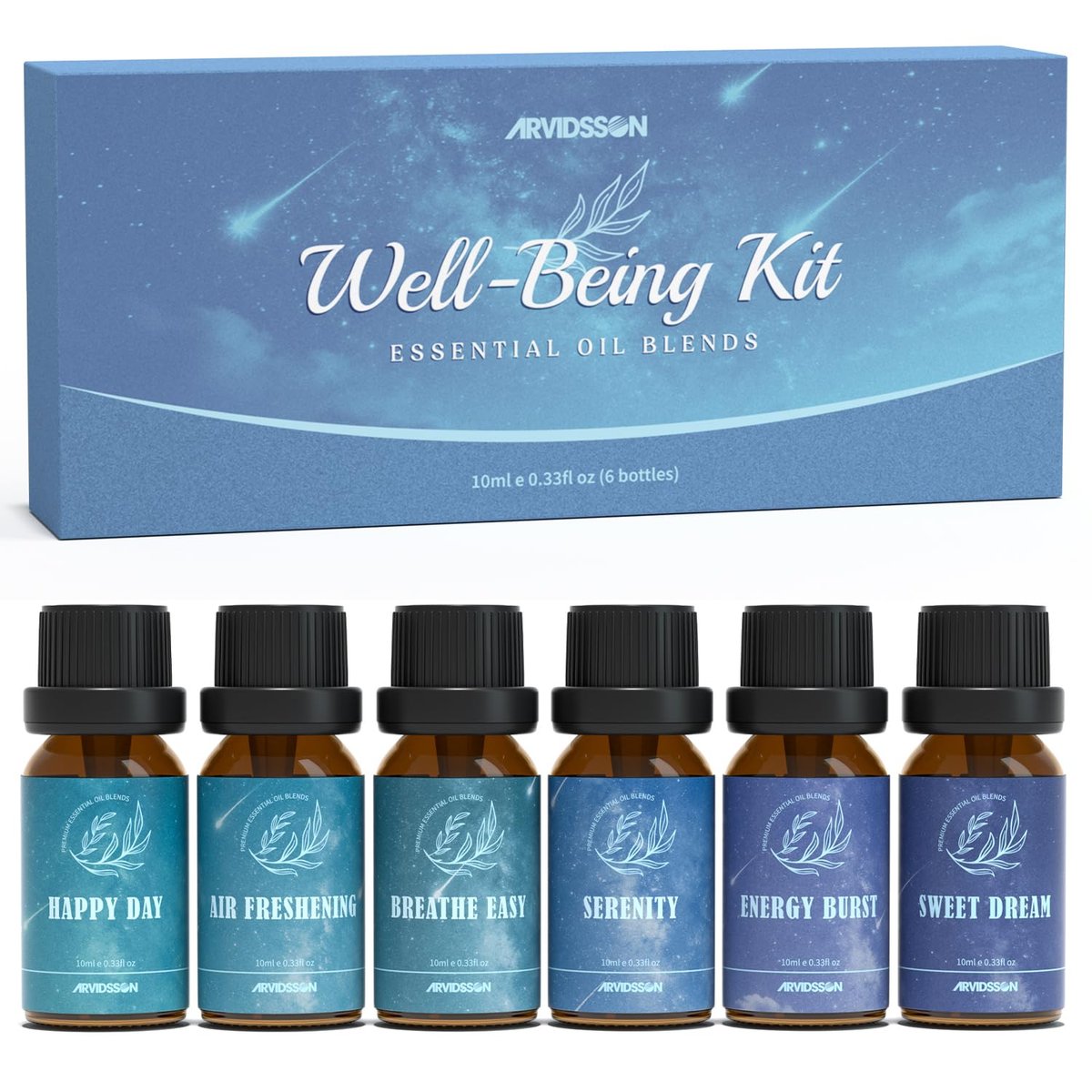 ARVIDSSON Ätherische Öle Set – Wohlfühl-Mischungen für Diffuser & Kerzenherstellung – Happy, Sweet Dreams, Serenity, Breathe, Energy, Air Freshening – 6 x 10 ml