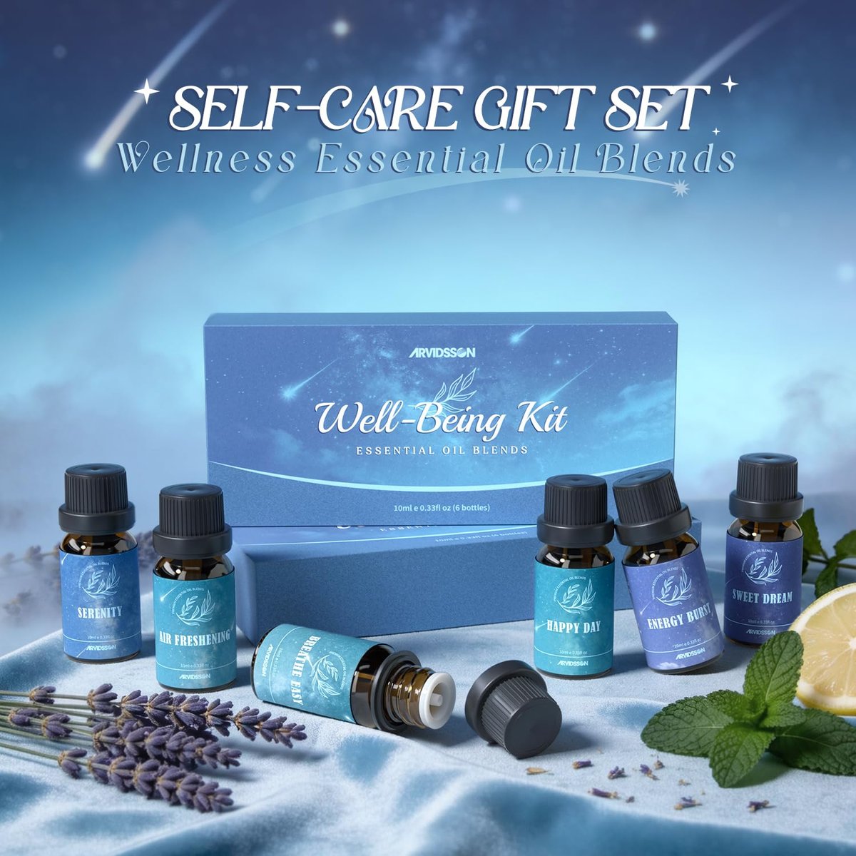 ARVIDSSON Ätherische Öle Set – Wohlfühl-Mischungen für Diffuser & Kerzenherstellung – Happy, Sweet Dreams, Serenity, Breathe, Energy, Air Freshening – 6 x 10 ml