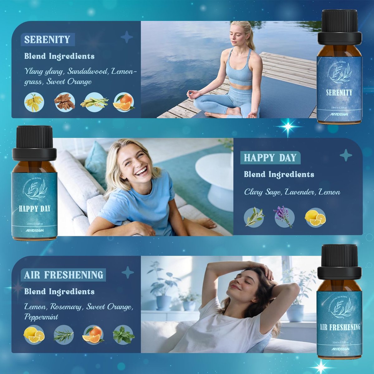 ARVIDSSON Ätherische Öle Set – Wohlfühl-Mischungen für Diffuser & Kerzenherstellung – Happy, Sweet Dreams, Serenity, Breathe, Energy, Air Freshening – 6 x 10 ml
