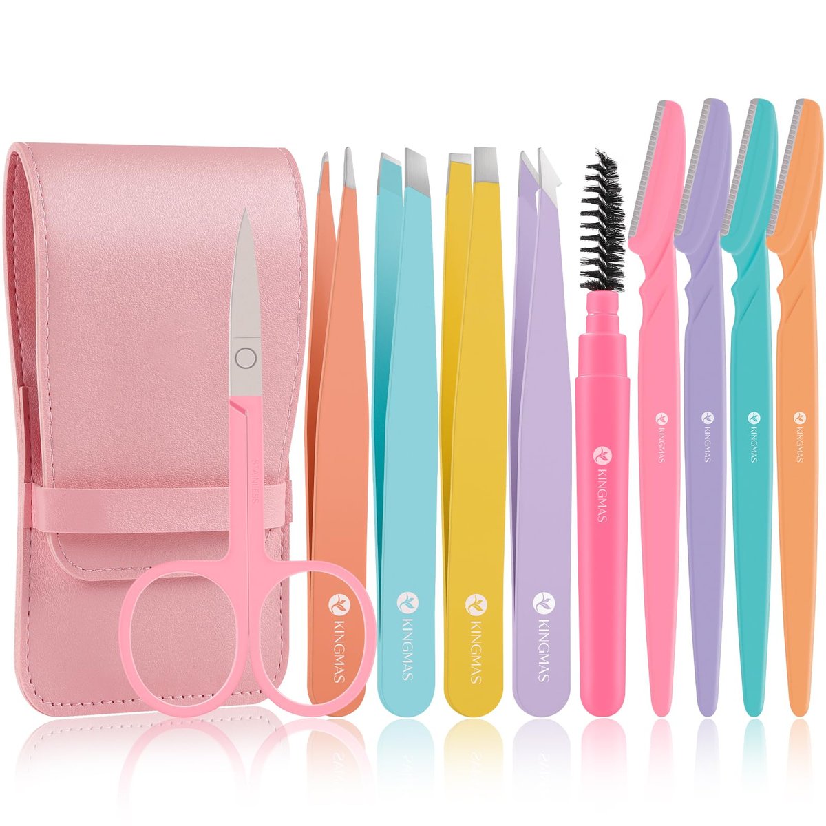 KINGMAS 10-teiliges Pinzetten-Set für Frauen – Präzisionspinzetten für Augenbrauen, inkl. gebogener Schere und Augenbrauenrasierer für eingewachsene Haare, mit Aufbewahrungsetui