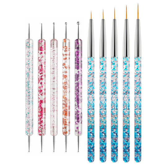 Nail Art Werkzeug-Set - 5 Dotting-Tools & 5 Nail Liner Pinsel für Salon, Profis & Anfänger