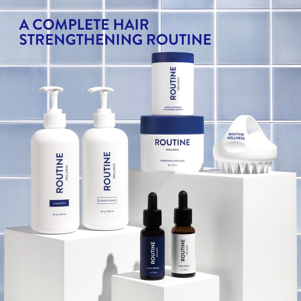 Routine Wellness Shampoo, Conditioner und Haarserum Set für dünner werdendes Haar – DHT-Blocker für Frauen & Männer – Farbsicheres Shampoo gegen Haarausfall & für gesünderes Haar – Kokosnuss & Vanille Set + Haarserum
