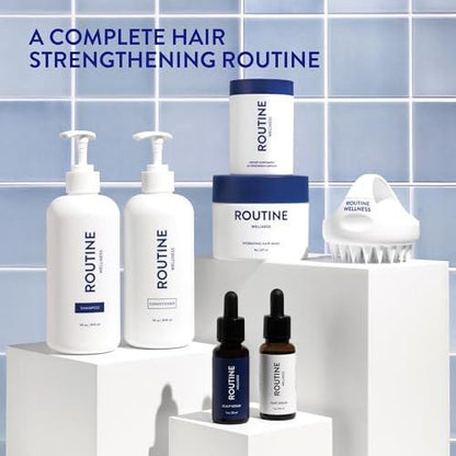 Routine Wellness Shampoo, Conditioner und Haarserum Set für dünner werdendes Haar – DHT-Blocker für Frauen & Männer – Farbsicheres Shampoo gegen Haarausfall & für gesünderes Haar – Kokosnuss & Vanille Set + Haarserum