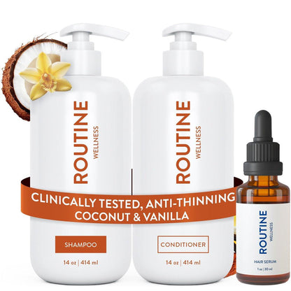 Routine Wellness Shampoo, Conditioner und Haarserum Set für dünner werdendes Haar – DHT-Blocker für Frauen & Männer – Farbsicheres Shampoo gegen Haarausfall & für gesünderes Haar – Kokosnuss & Vanille Set + Haarserum