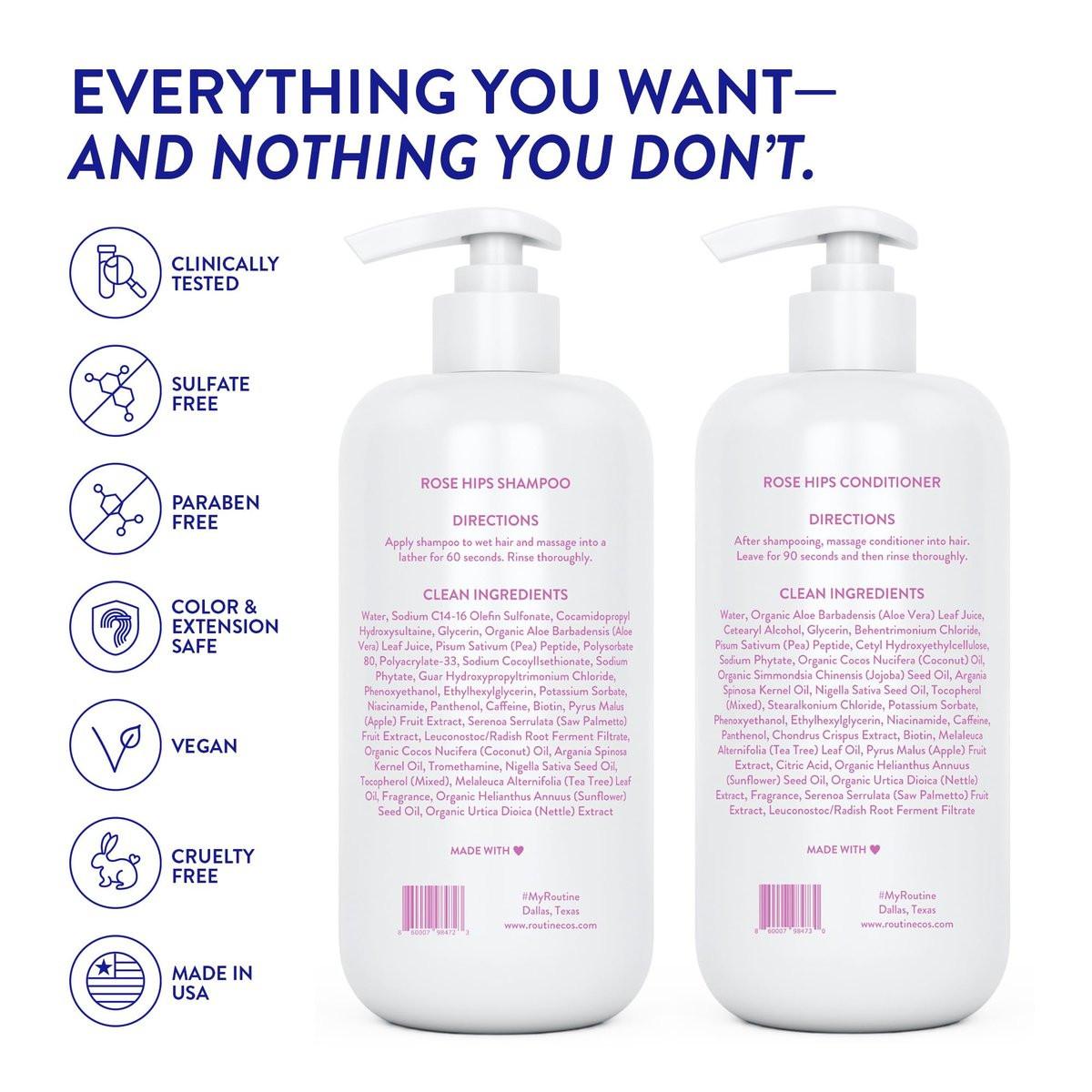 Routine Wellness Shampoo und Conditioner Set mit Haar-Serum für dünner werdendes Haar – DHT-Blocker für Frauen und Männer – Farbsicheres Shampoo gegen Haarausfall und für gesünderes Haar – Rosenhage-Set + Haar-Serum