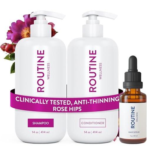 Routine Wellness Shampoo und Conditioner Set mit Haar-Serum für dünner werdendes Haar – DHT-Blocker für Frauen und Männer – Farbsicheres Shampoo gegen Haarausfall und für gesünderes Haar – Rosenhage-Set + Haar-Serum