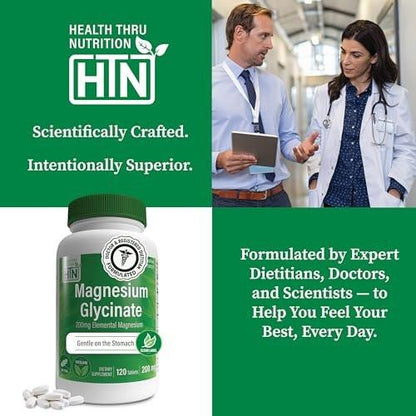 Magnesium Glycinat 200mg Elemental (aus 1.540mg cheliertem Bisglycinat) – Unterstützt Muskeln, Nerven & Entspannung – Magenschonend, hohe Bioverfügbarkeit, Nicht-GVO, 120 Tabletten – Health Thru Nutrition