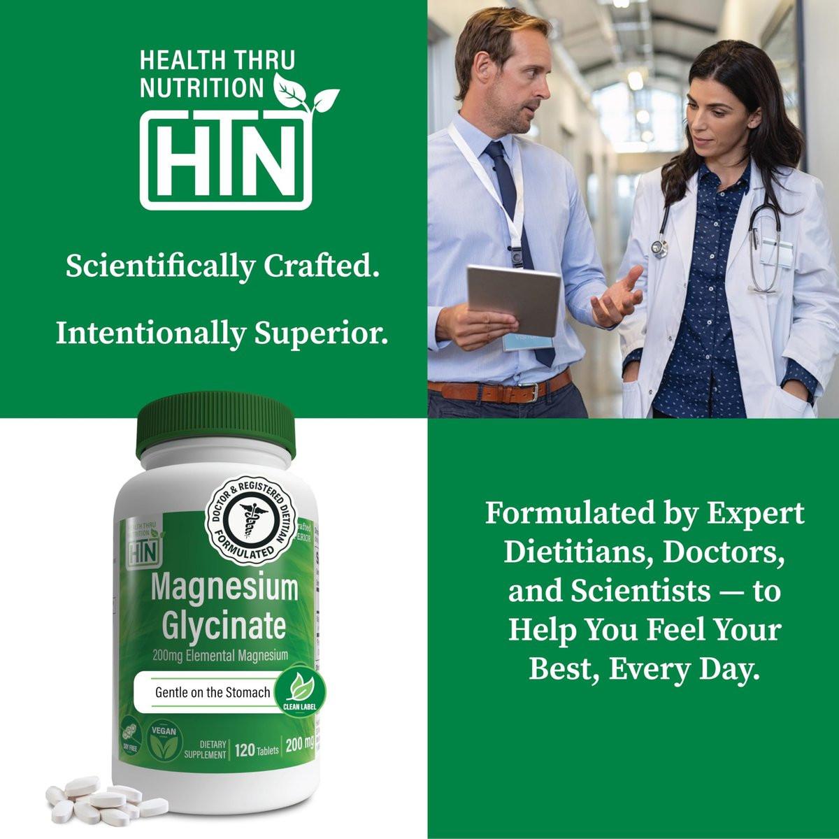 Magnesium Glycinat 200mg Elemental (aus 1.540mg cheliertem Bisglycinat) – Unterstützt Muskeln, Nerven & Entspannung – Magenschonend, hohe Bioverfügbarkeit, Nicht-GVO, 120 Tabletten – Health Thru Nutrition