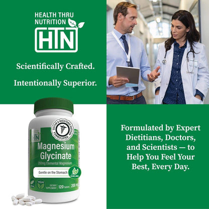 Magnesium Glycinat 200mg Elemental (aus 1.540mg cheliertem Bisglycinat) – Unterstützt Muskeln, Nerven & Entspannung – Magenschonend, hohe Bioverfügbarkeit, Nicht-GVO, 120 Tabletten – Health Thru Nutrition