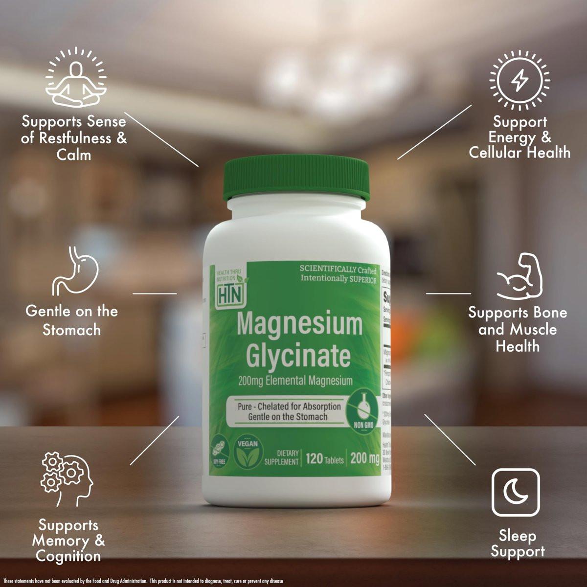 Magnesium Glycinat 200mg Elemental (aus 1.540mg cheliertem Bisglycinat) – Unterstützt Muskeln, Nerven & Entspannung – Magenschonend, hohe Bioverfügbarkeit, Nicht-GVO, 120 Tabletten – Health Thru Nutrition