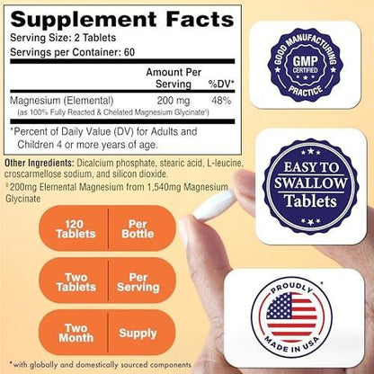 Magnesium Glycinat 200mg Elemental (aus 1.540mg cheliertem Bisglycinat) – Unterstützt Muskeln, Nerven & Entspannung – Magenschonend, hohe Bioverfügbarkeit, Nicht-GVO, 120 Tabletten – Health Thru Nutrition