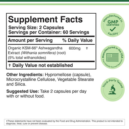 Double Wood Supplements Ashwagandha KSM 66 Bio – Organischer und klinisch geprüfter Extrakt (600 mg pro Portion, 120 Kapseln, 60 Portionen) – Adaptogen zur Cortisol-Regulierung für Frauen und Männer