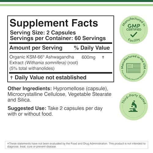 Double Wood Supplements Ashwagandha KSM 66 Bio – Organischer und klinisch geprüfter Extrakt (600 mg pro Portion, 120 Kapseln, 60 Portionen) – Adaptogen zur Cortisol-Regulierung für Frauen und Männer